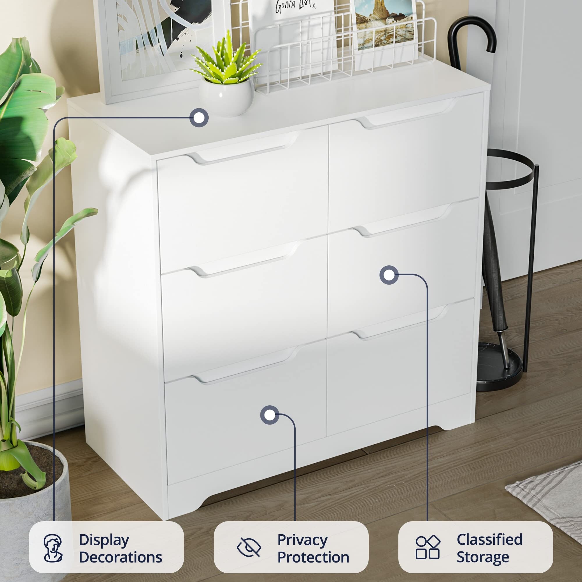 Dresser with 6 Drawers, Dresser Chest with Cutout Handle, White Dresser  Drawer Organizers for Kids Bedroom, Modern Dresser - Bed Bath & Beyond -  38233412
