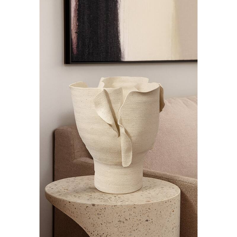 Tio Modern Vessel Vase, Flowing Petal Folds, White Porcelain 13 Inch