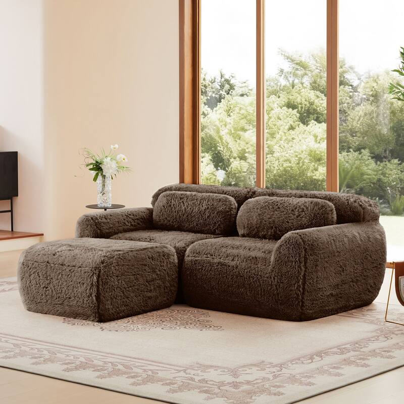 Rossetta 2-seater L-shaped Boneless Soft Fluffy Plush Fabric Sofa Couches with Throw Pillows, Moveable Ottoman