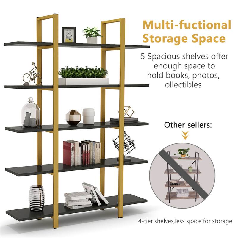 Brown Vintage Industrial 5-Tier Etagere Bookcase, White/ Gold Modern Display Bookshelf
