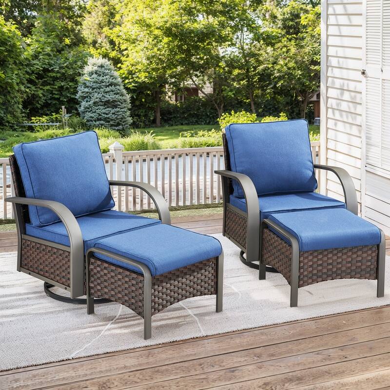 Patio Swivel Rocker Chair Glider Chair with Ottomans - Brown - Blue