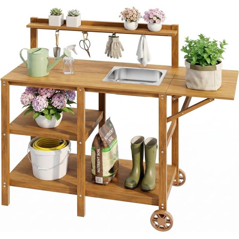 WINSOON All-Weather HIPS Potting Bench with Storage, Hooks & Wide Panel Shelf, Heavy Duty Gardening Table for Patio