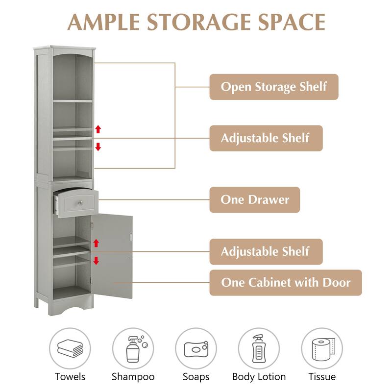 Bathroom Storage Cabinet with Drawer, Open Shelves and Adjustable Shelf, Tall Cabinet with Curved Line Top and Bottom Pane