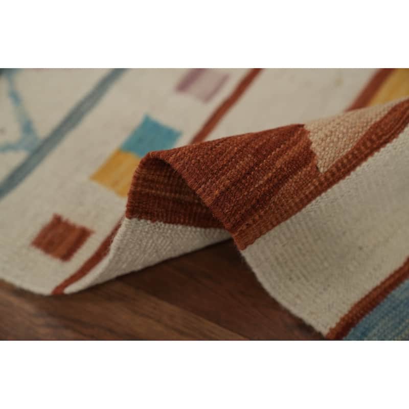 Hand Woven Oriental 100% Wool Carpet Southwestern Modern Beige & Ivories Kilim Runner Rug - 11' 9'' X 2' 6''