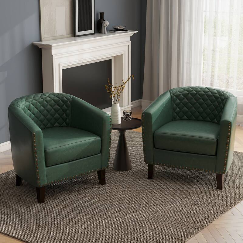 2 Set 29" W Vegan Leather Barrel Accent Chairs with Nailheads Trim