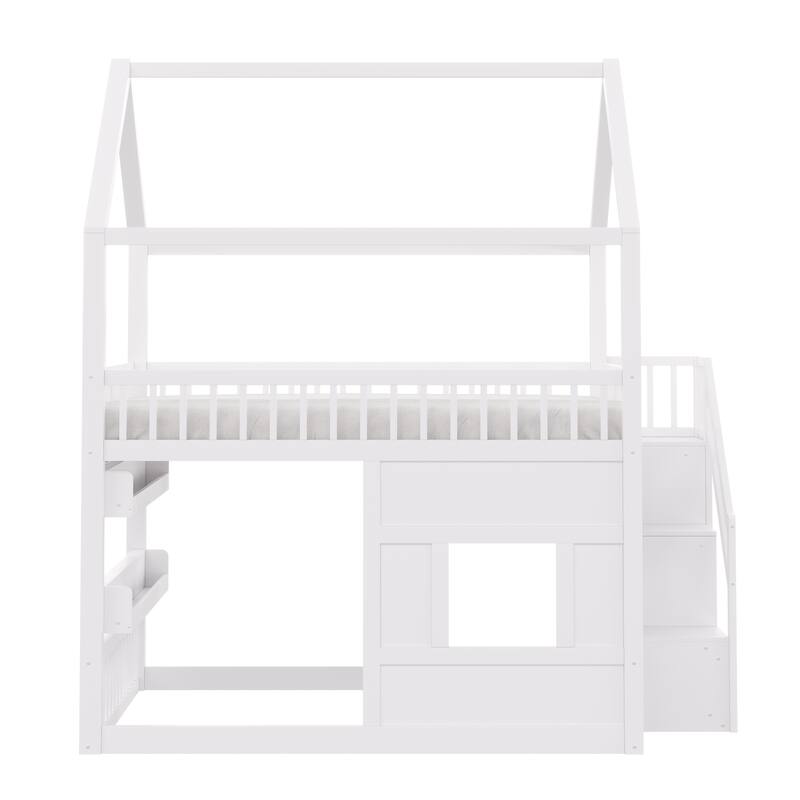 Full Size Wooden House Bed with Built-in LED Shelf Light, Fairytale Loft House-shaped Bed Frame for Children Kids Boys Girls