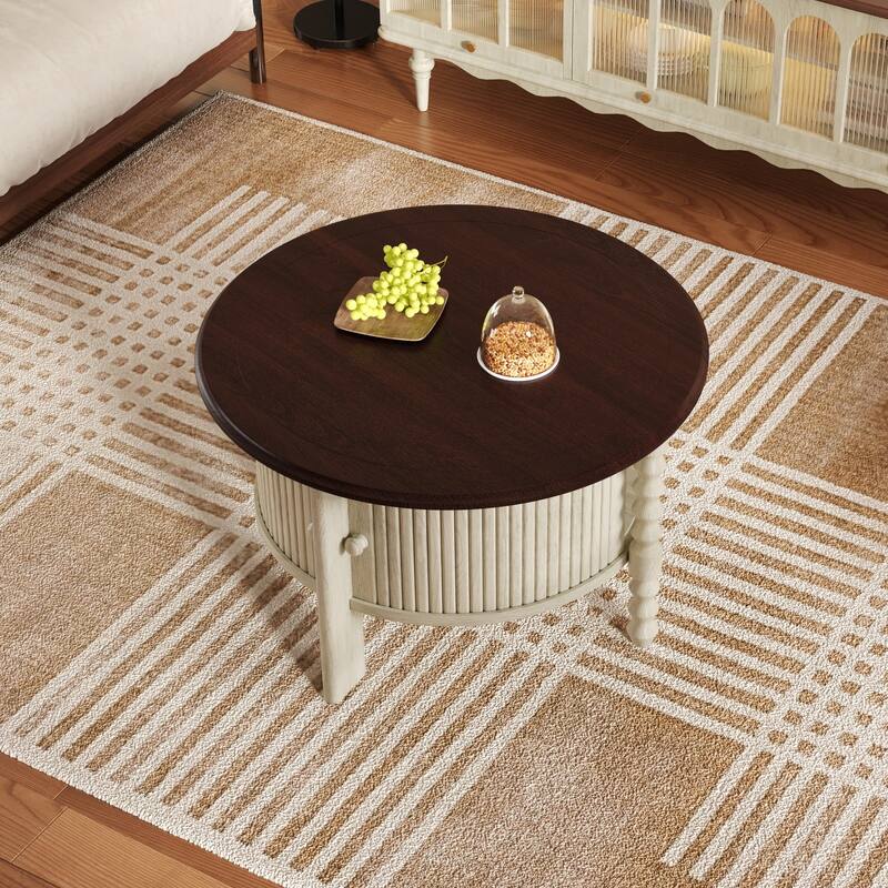 Vintage Round Coffee Table - 30.3" Mid-Century Modern, Sliding Door & Slatted Design