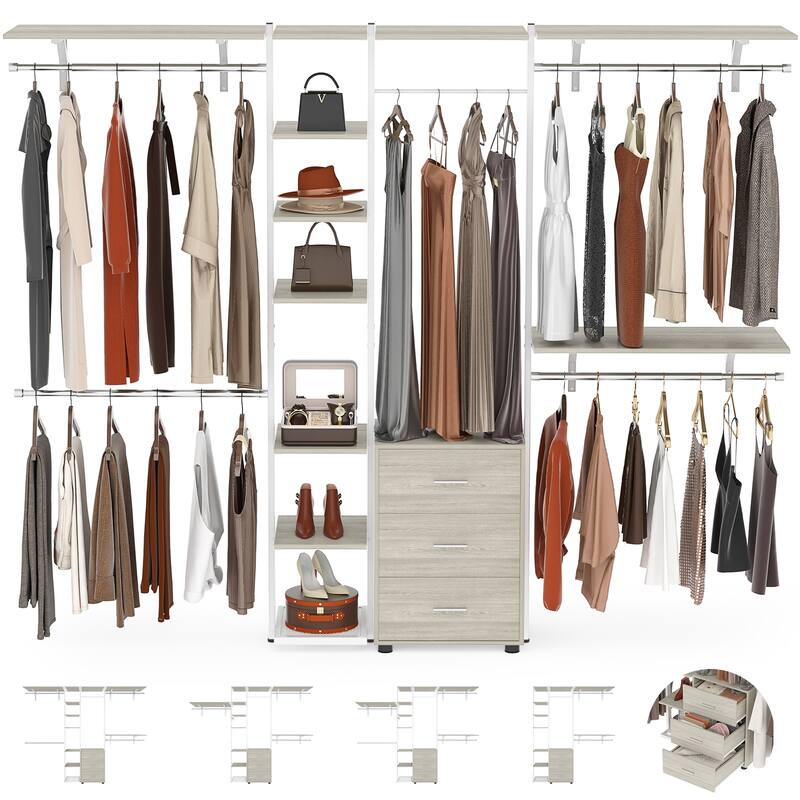 96'' Wide Heavy-duty Closet Organizer, Walk-in Closet System with Drawers and Tower Kit