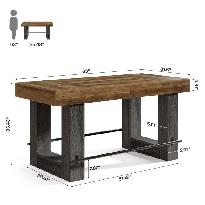 63-Inch Counter Height Bar Table, Industrial High Top Dining Table