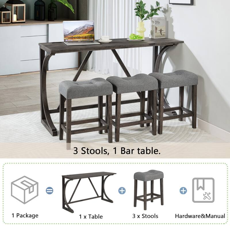 4-Piece Bar Table Set with Power Outlet, Bar Table Set with 3 Padded Stools for Living Room, Dining Room, Game Room, Dark Gray