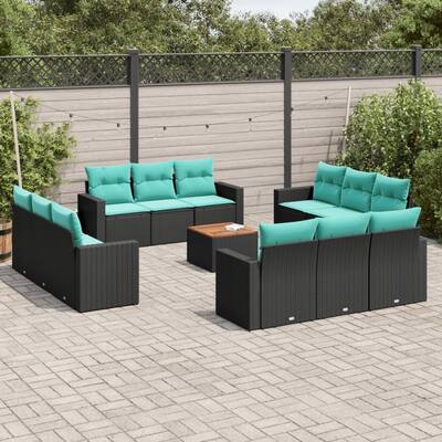 vidaXL 13 Piece Patio Sofa Set with Cushions Black Poly Rattan - 21.7 x 24.4 x 27.2