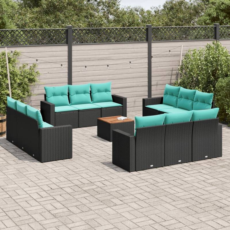 vidaXL Patio Sofa Set with Cushions Outdoor Furniture 13 Piece Poly Rattan - 25.8x 24.4x 27.2 - Black and Blue