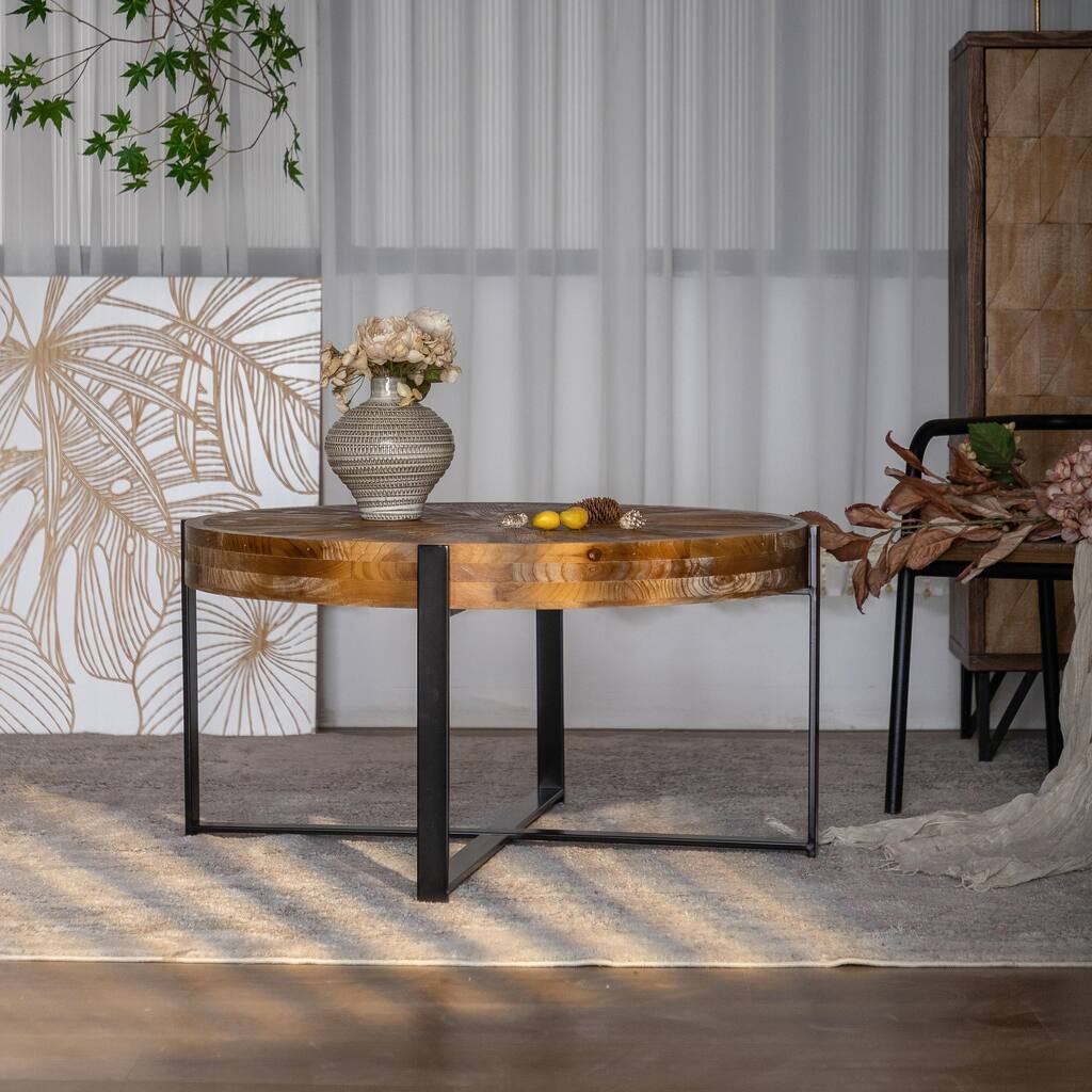 Retro Splicing Round Coffee Table - Fir Wood Top, Cross Legs