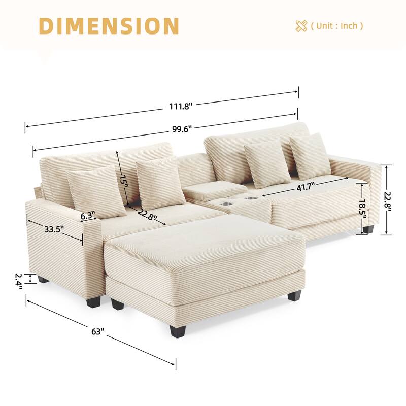 Oversized Corduroy Upholstered Sofa with a Removable Ottoman & 4 Pillows
