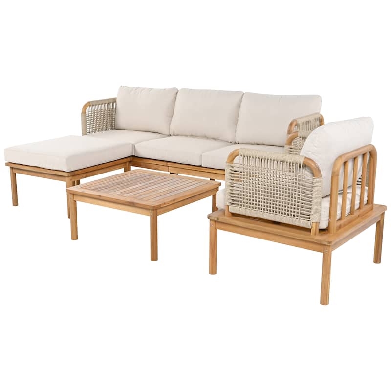 Roomfitters Outdoor 4-Piece Acacia Wood and Rope Patio Sofa Set with Coffee Table, Beige Cushions