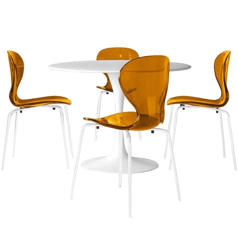 5-Piece Dining Set with 35-Inch Round Dining Table and 4 Side Chairs in White Stainless Steel - Transparent Orange