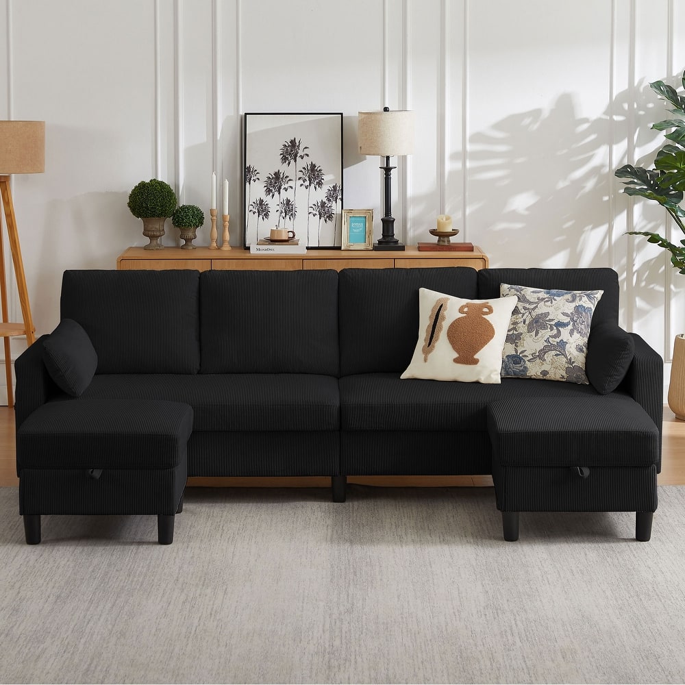 101" Corduroy U Shaped Sectional Sofa with Storage Ottoman