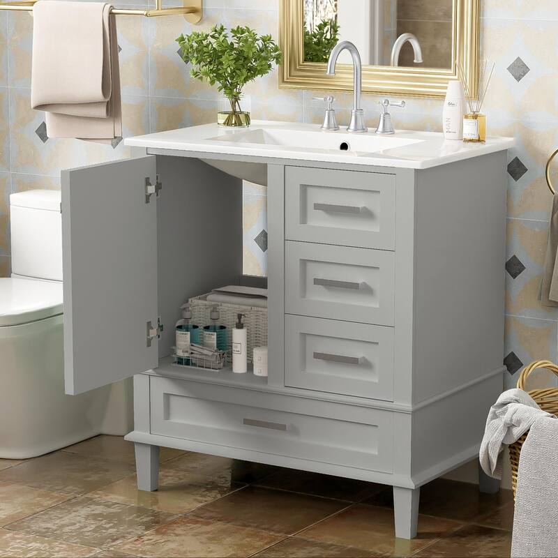 Single Sink Bathroom Vanity Cabinet, Vanity Base & Ceramic Sink Combo Set, 3 Drawers Bathroom Storage Cabinet, 30 Inch
