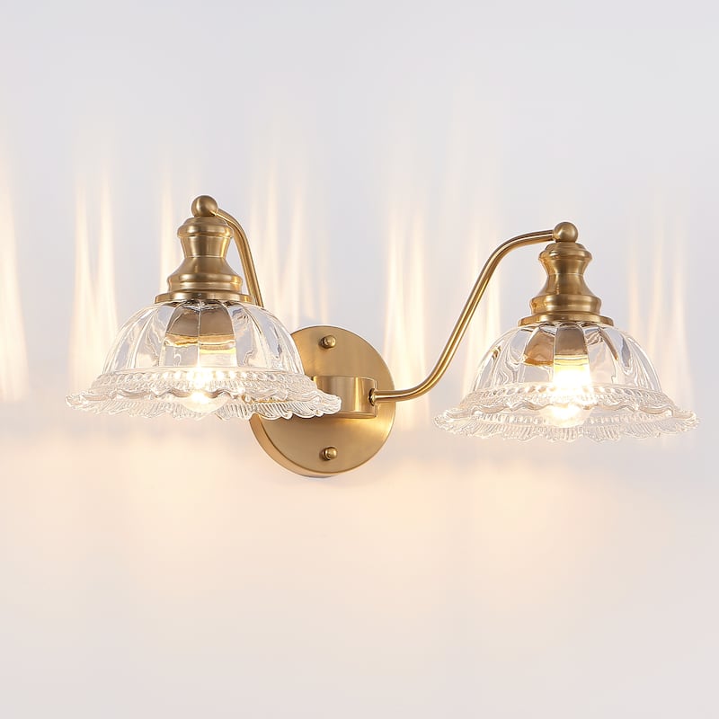 20 Inch 2-Light Vintage Bathroom Wall Sconce, Metal and Glass Lampshade Vanity Light Fixture - Gold