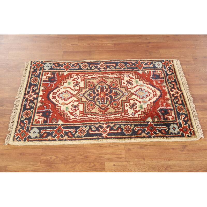 Hand Knotted Oriental 100% Wool Carpet Traditional Medallion Beige & Ivories Heriz (serapi) Area Rug - 3' 0'' X 2' 0''