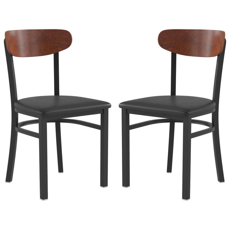 2PK Commercial Metal Dining Chairs with Boomerang Back - Walnut Wood Back/Black Vinyl Seat