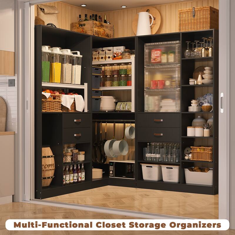 Rackcog Freestanding Closet Organizer with Hanging Rod, Closet System Wardrobe with Wood Drawers
