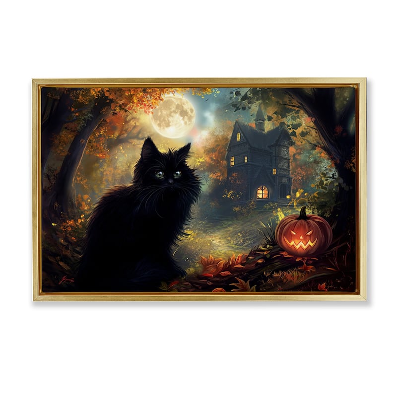 Stupell Black Cat & Haunted Mansion Framed Floater Canvas Wall Art Design By Wumples - 25 x 17 - Gold