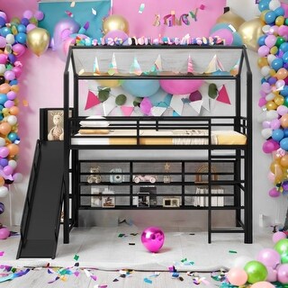 Black Metal Twin Size House Bed, Loft Bed with Iron Mesh Shelves and Slide