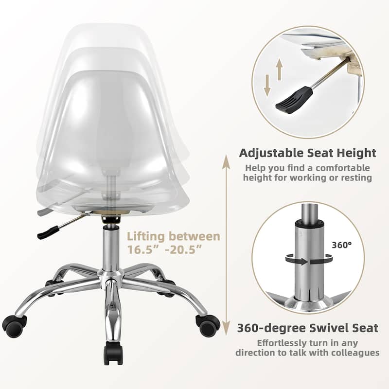 Costway Rolling Acrylic Armless Office Chair Swivel Vanity Chair - 21'' x 18.5'' x 30.5''-34.5''(L x W x H)