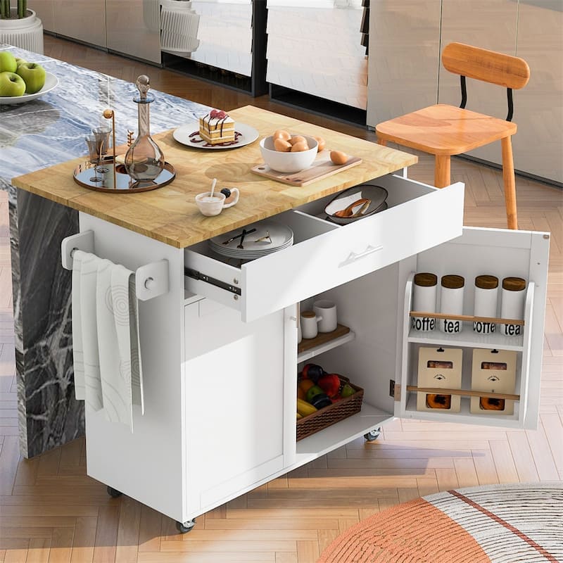 Rolling Kitchen Cart with Adjustable Shelf Tower Rack and Rubber Top - White