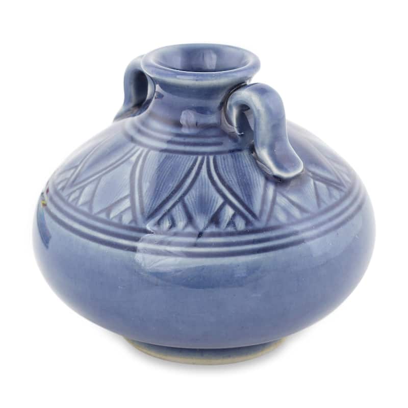 Novica Handmade Sawankhalok Sapphire Lotus Celadon Ceramic Vase