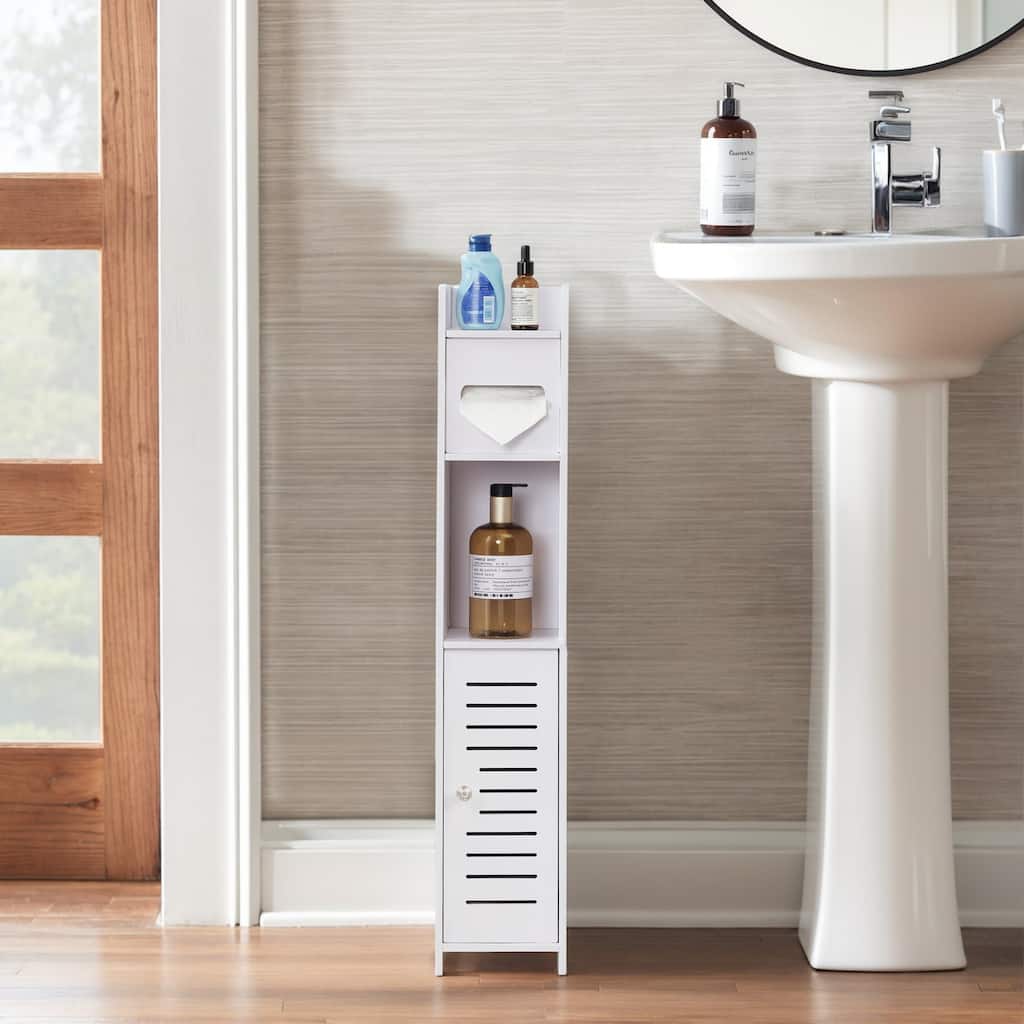 VECELO Storage Cabinet for Small Spaces Multifunctional White Narrow Storage Cabinet with Open Shelves for Bathroom Living Room