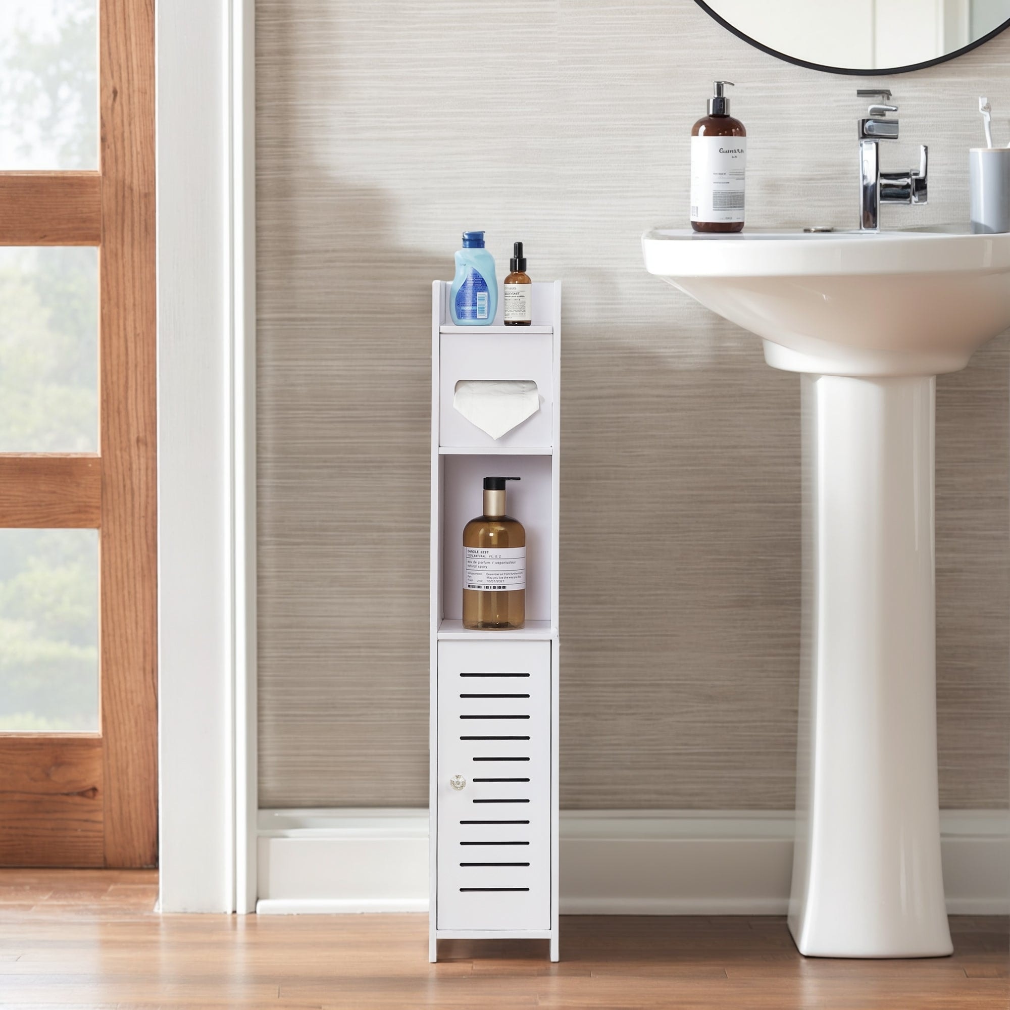 VECELO Storage Cabinet for Small Spaces Multifunctional White Narrow Storage Cabinet with Open Shelves for Bathroom Living Room
