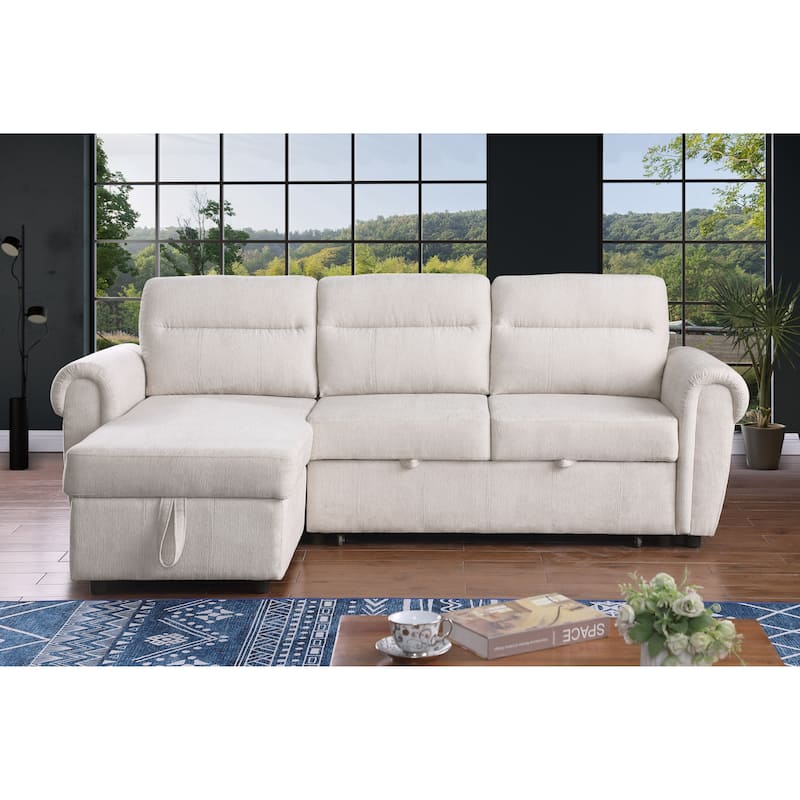 97"W Beige Chenille Reversible Sofa Chaise w/ USB & Storage