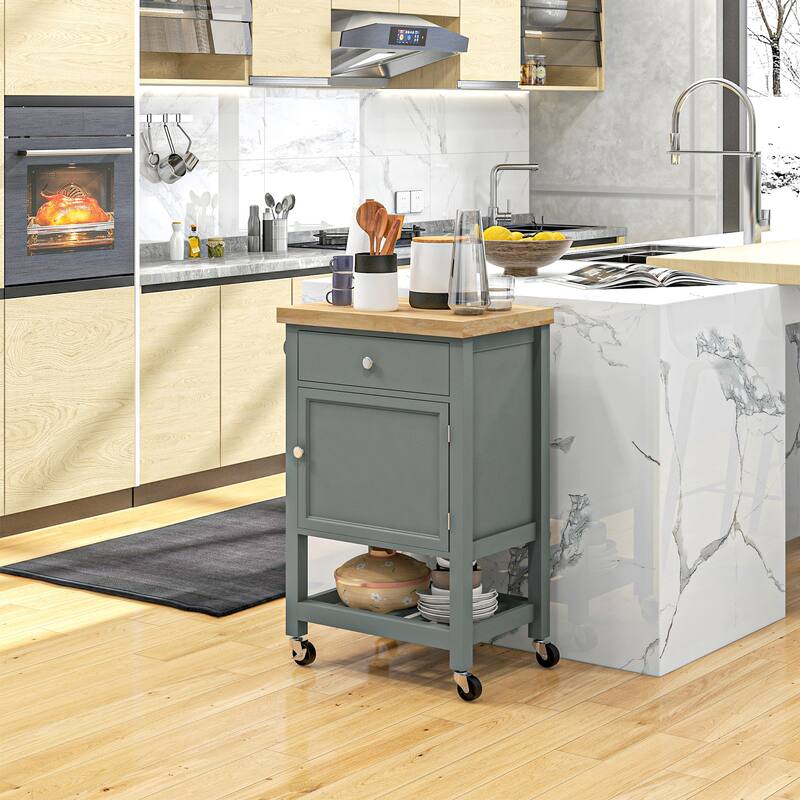 Utility Kitchen cart, Rolling Kitchen Island with Smooth Rubberwood Top, Narrow Butcher Block Surface on Wheels