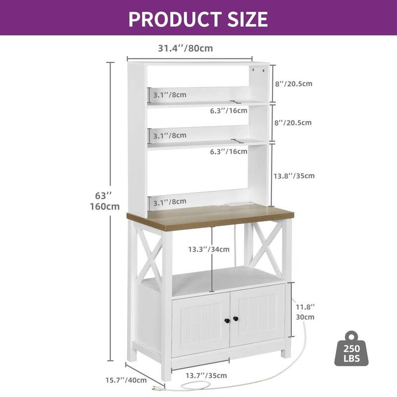 White Wooden Kitchen Storage Rack with Wine Bottle Holder and Glass Storage Microwave Stand - 63'' H x 31.4'' W x 15.7'' D