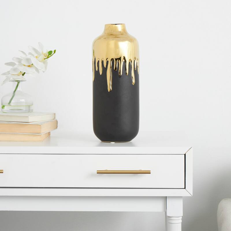 CosmoLiving by Cosmopolitan Black or White Ceramic Vase with Abstract Gold Melting Drips