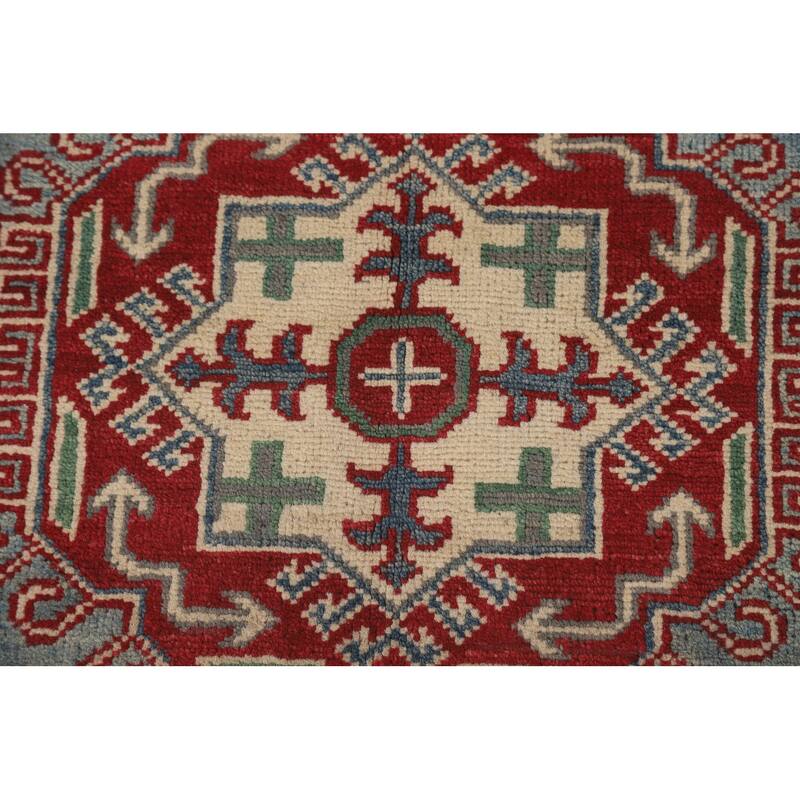 Blue Geometric Kazak Area Rug Hand-Knotted Wool Carpet - 4'11" x 6'4"