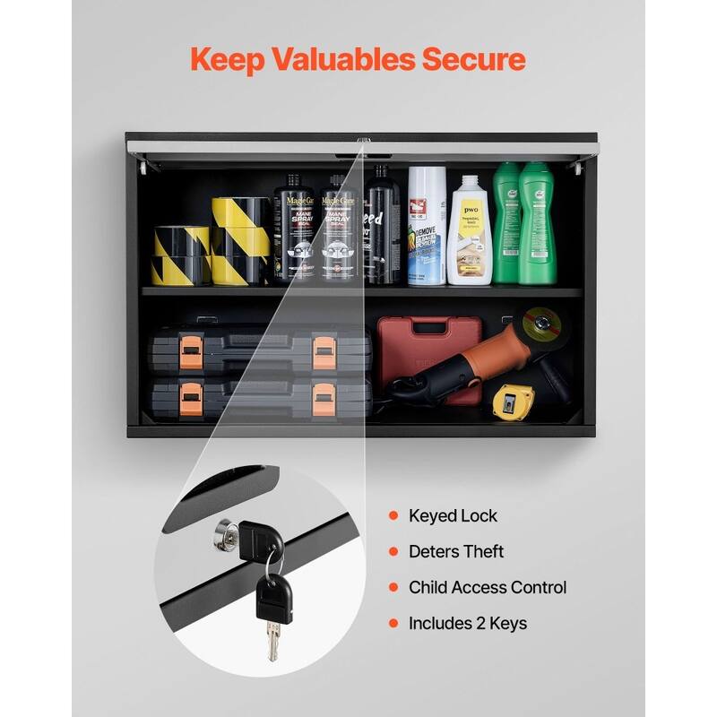 Black Wall Mounted Storage Cabinet for Garage Kitchen Workshop with Flip-Up Doors and Lock - 27.56” x 12.01” x 19.69”