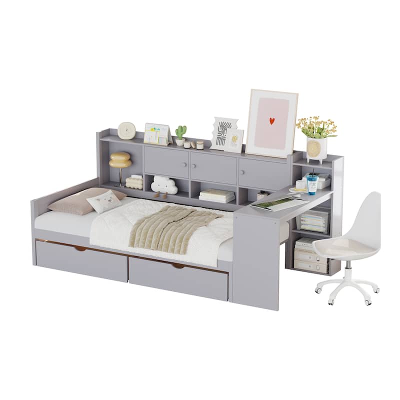 Twin Size Wood Daybed with L-Shape Design and 3 Cabinets, 2 Drawers and Built-in Study Desk