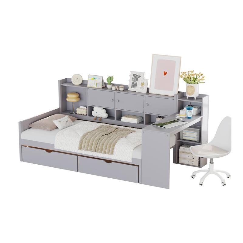 Twin Size Wooden L-Shape Daybed with Study Desk & Built-in Bookshelf, Multi-functional Bed for Bedroom