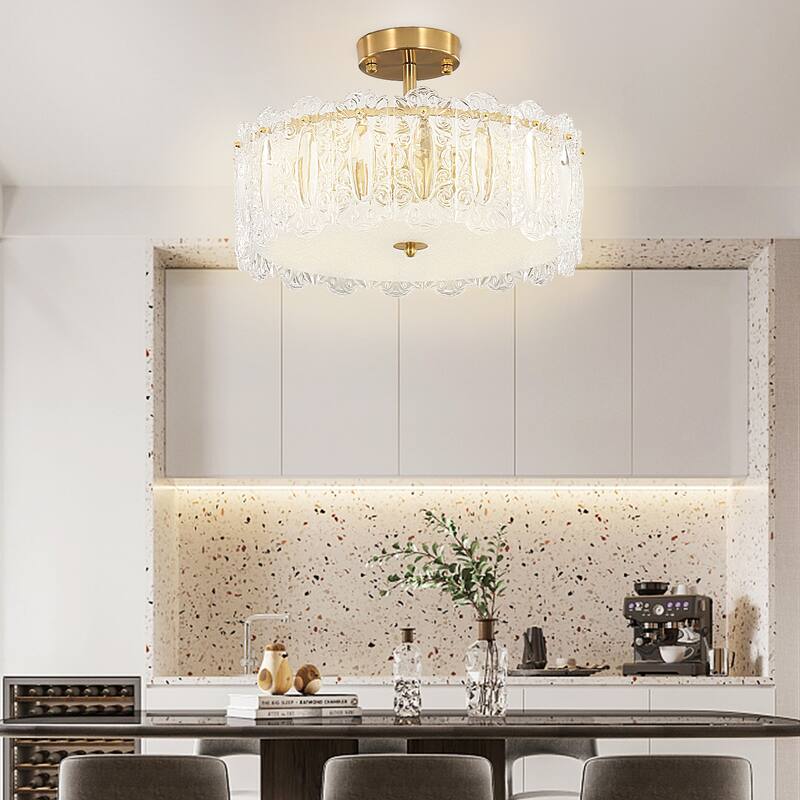 Brass Modern Crystal Semi Flush Mount Ceiling Light for Living Room, Bulbs Included - 6-light