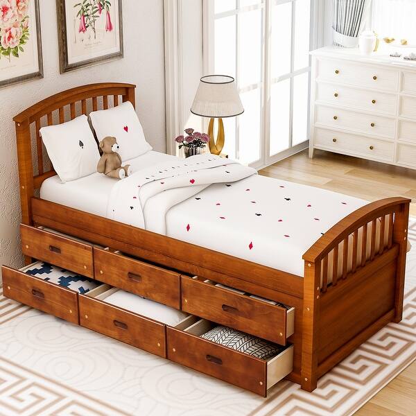 slide 2 of 40, Solid Pine Wood Twin Platform Bed with 6 Drawers, Eco-Friendly Design Walnut
