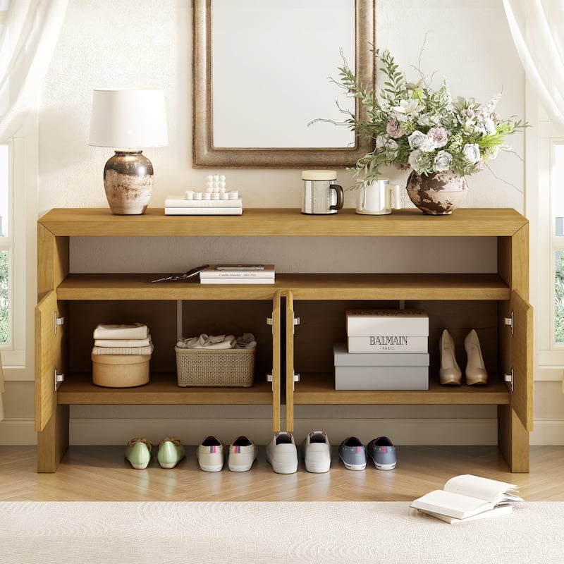 4-Door Sideboard, Modern Minimalist Solid Wood Veneer Sideboard with Open Shelf, Natural Wood Grain, for Living Room, Dining