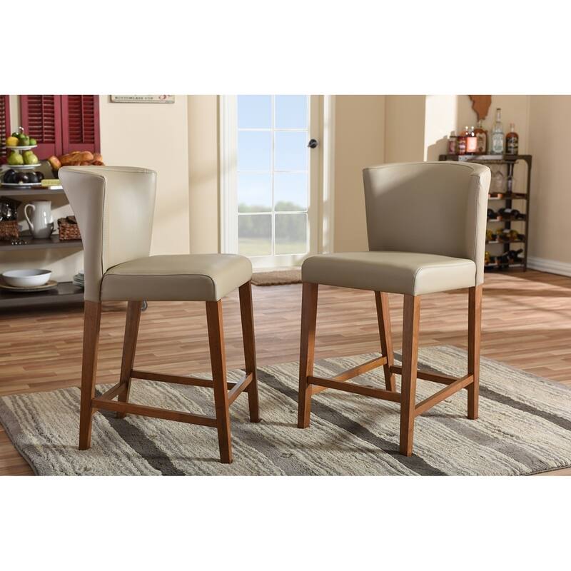 Olivia Mid-century Modern Scandinavian Style Dark Walnut Wood Grey Faux Leather Pub Stool