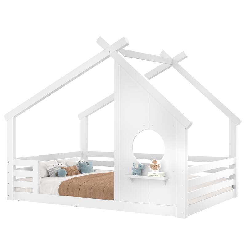 Twin House Floor Bed with Window and a Small Shelf, Solid Wood Floor Bed with House-shaped Roof, No Spring Box Needed