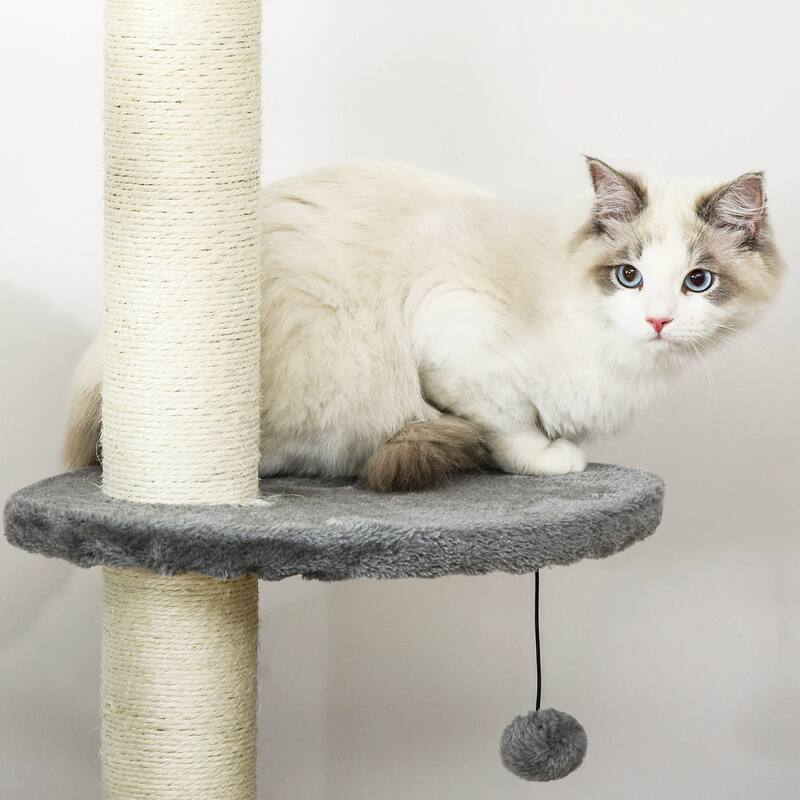 PawHut Cat Tree Height Adjustable Floor-to-Ceiling 4-Tier Kitty Climbing Activity Center Condo Cat Toy with Scratching Post