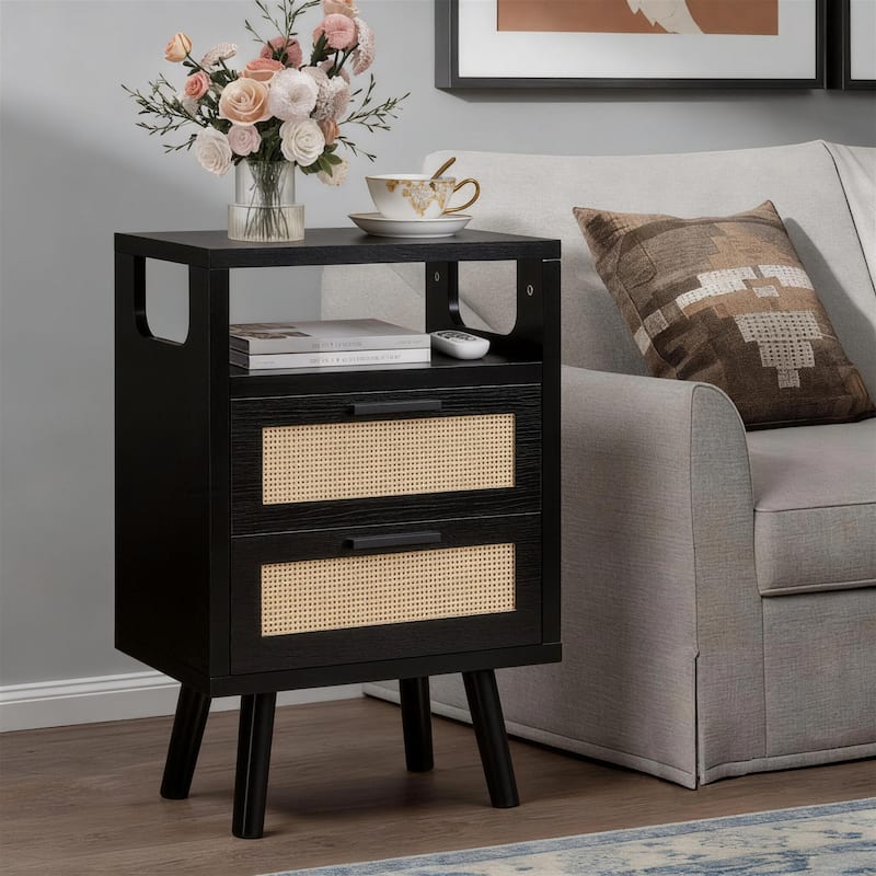 Set of 2 with 2 Drawers, 15.4" Modern Storage Bedside Table with Golden Metal Handles, Wooden End Table for Bedroom