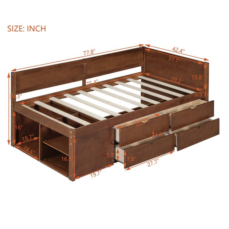 Pine Wood Daybed Frame with 4 Storage Drawers & Shelves