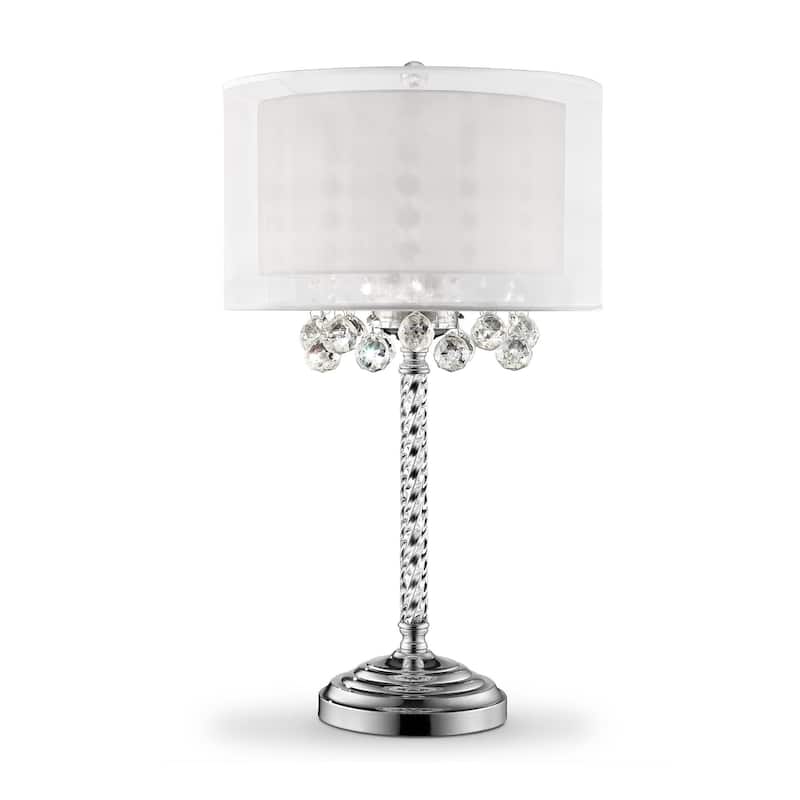 HomeRoots Silver Metal And Faux Crystal Three Light Table Lamp With White Drum Shade - Large